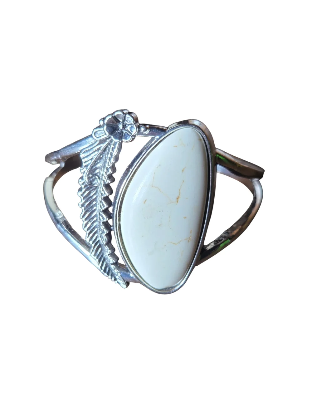 White Stone Feather Cuff Bracelet in Sterling-Tone